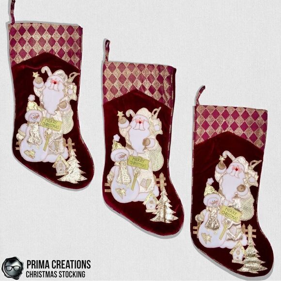 VINTAGE CHRISTMAS STOCKING APPLIQUÉ SANTA & SNOWMAN VELVET FELT IN RED & GOLD - Picture 2 of 13